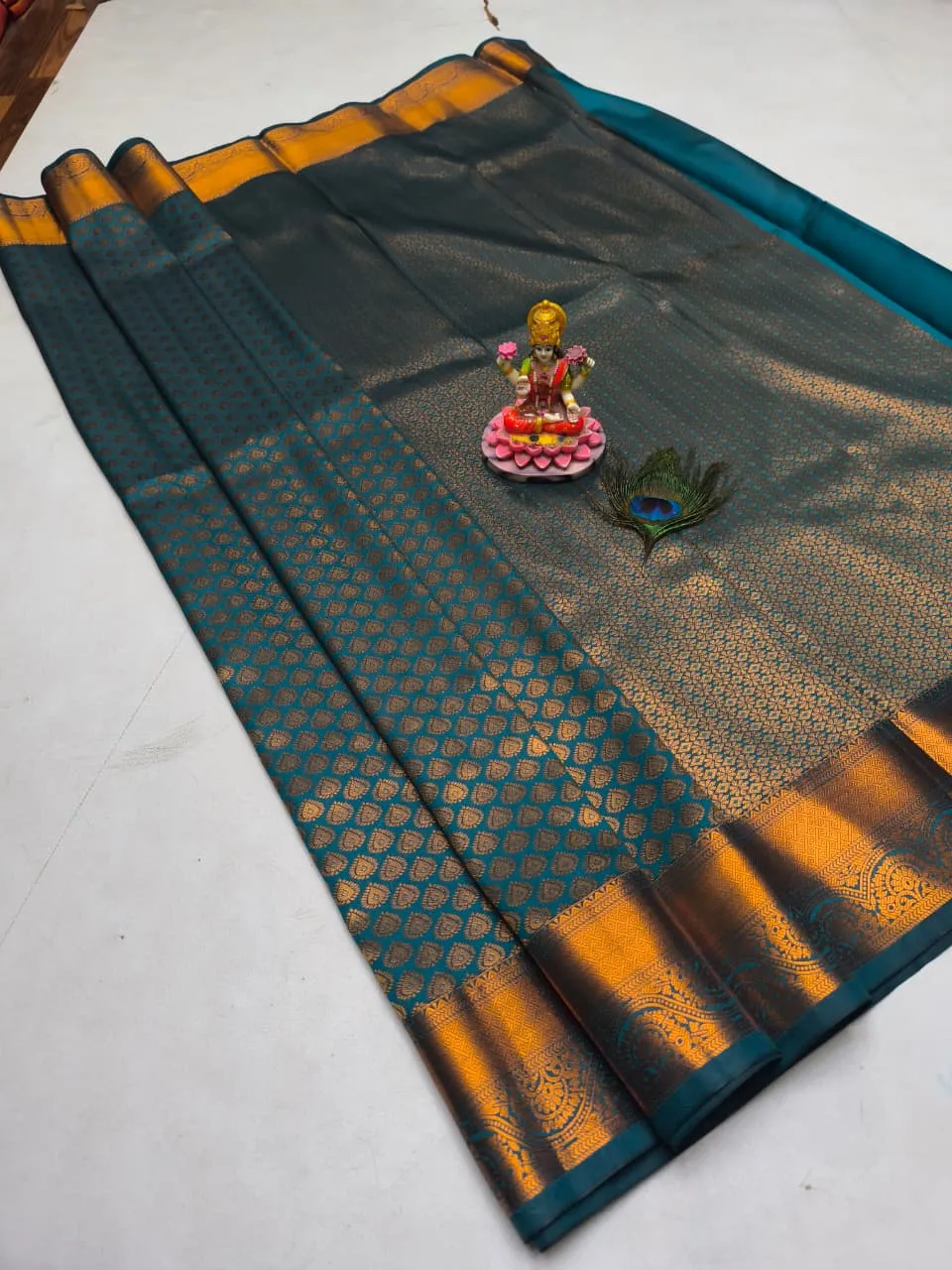 Peacock Teal Paisley Brocade Semi Kanchipuram Silk Saree